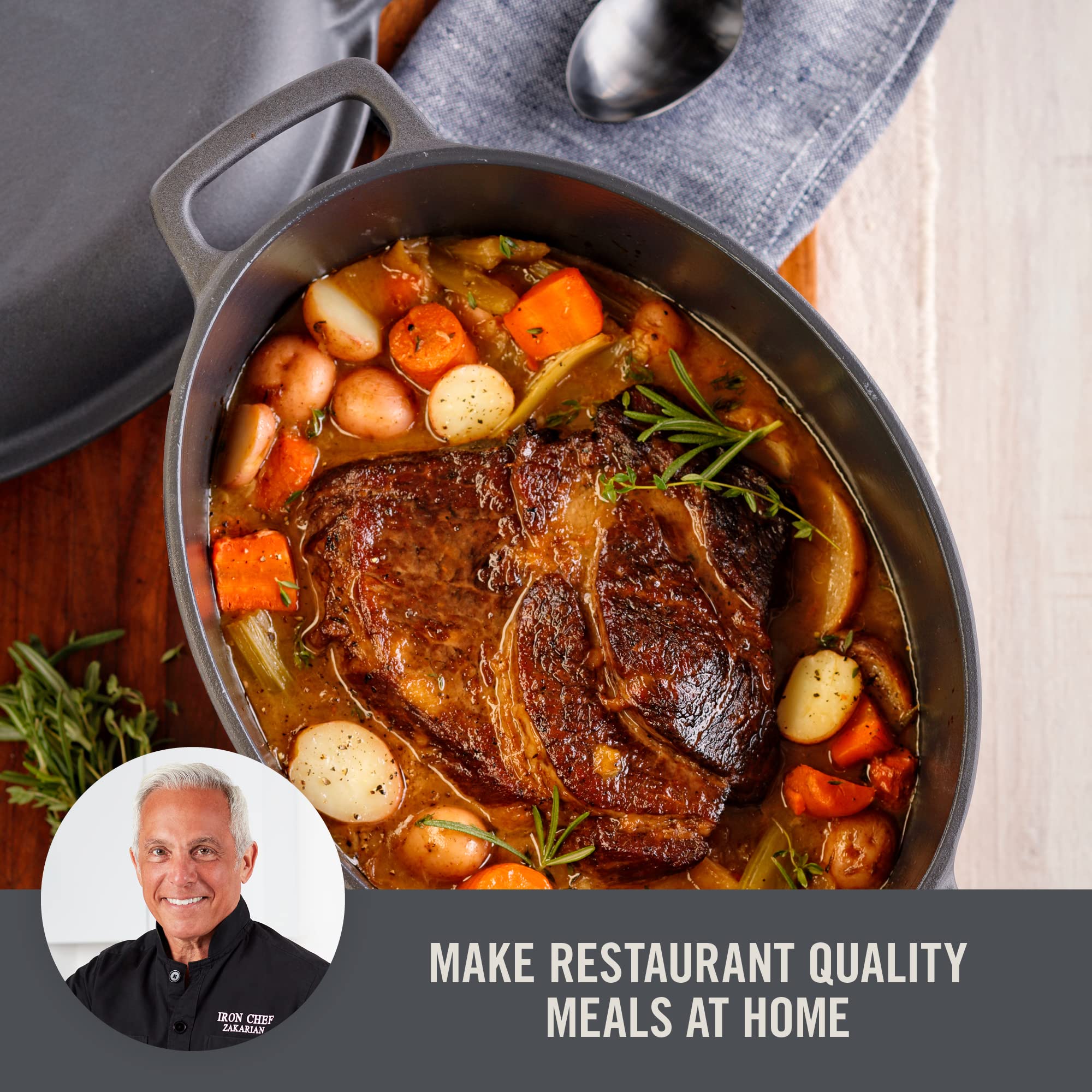Dash Zakarian By Dash 6 Qt Nonstick Cast Iron Double Dutch Oven, Oval Pot With 2-In-1 Skillet Lid, Black